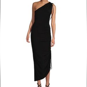 One Shoulder Sleeveless Matte Jersey Mini to Midi Asymmetrical Knit Tie Dress